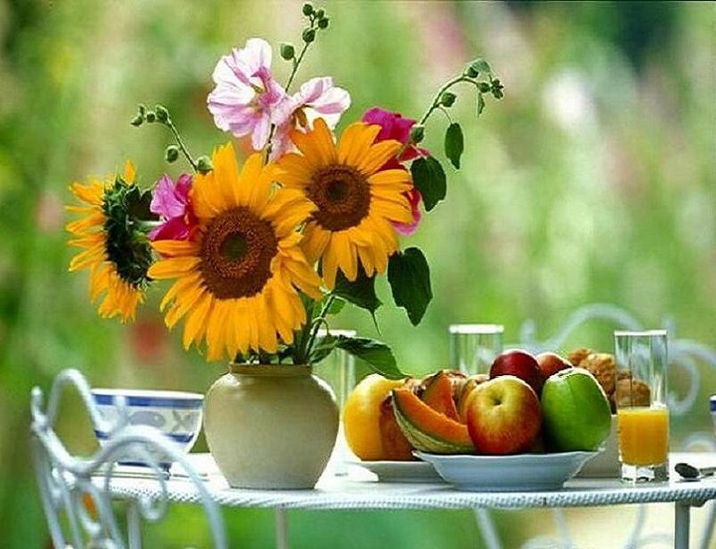 Sunflowers and Fruit on Table — Yellow, Serene