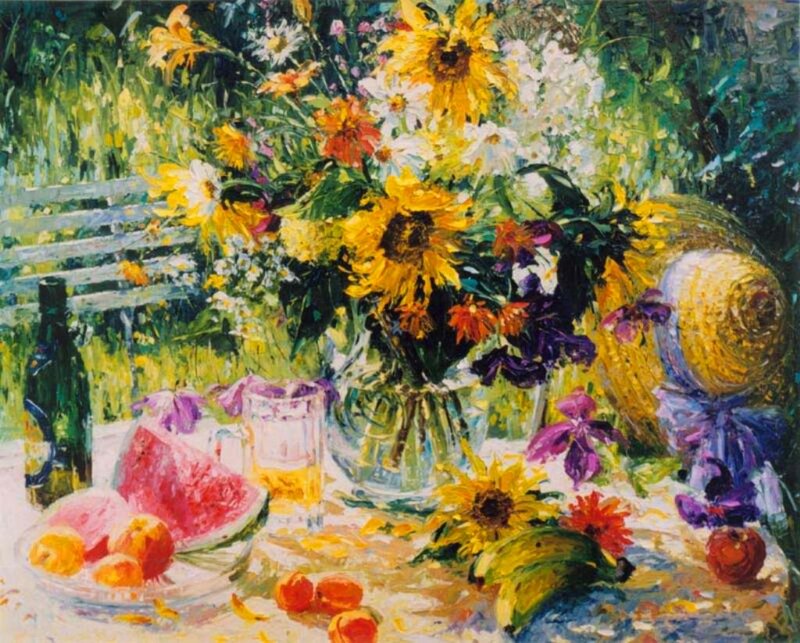 Sunflowers and Fruit on Table — Yellow