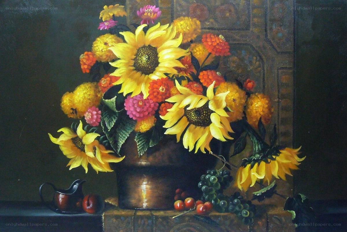 Sunflowers and fruit still life