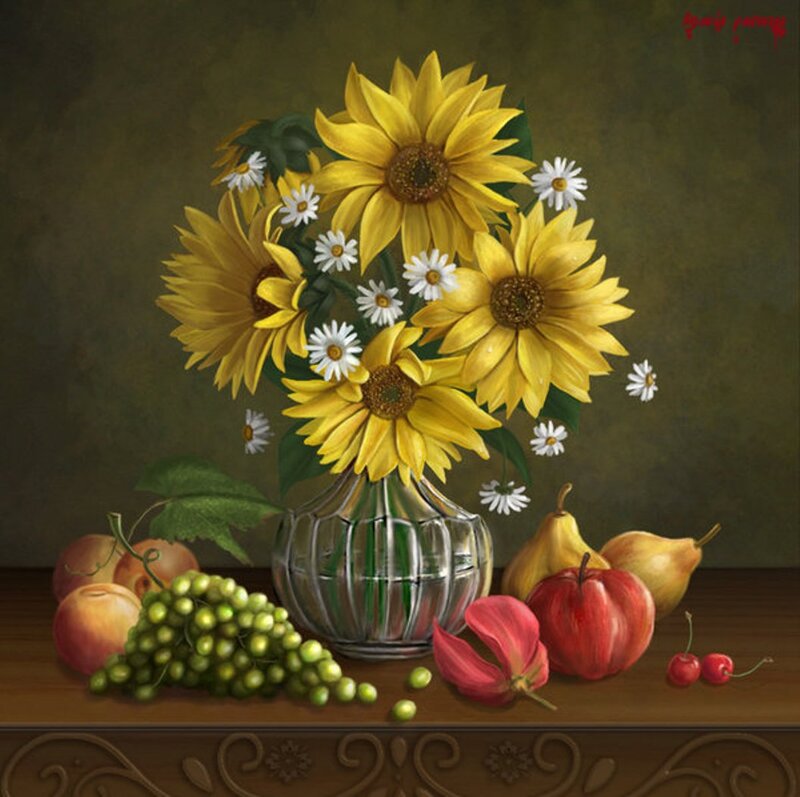 Sunflowers and Fruit — Yellow, Calm, Painting