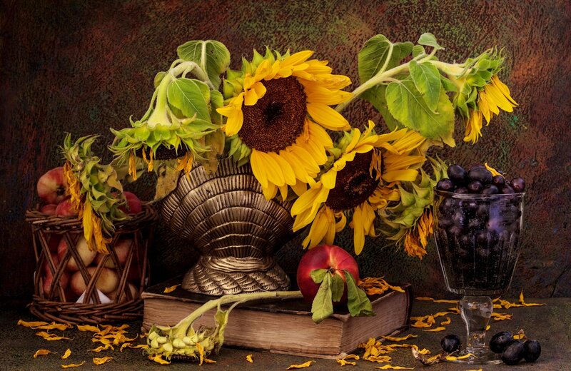 Sunflowers and Fruit — Yellow, Dramatic, Autumn, Photograph