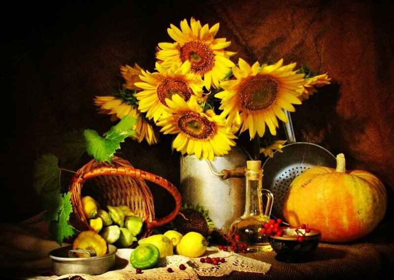 Sunflowers and Fruit — Yellow, Dramatic, Autumn