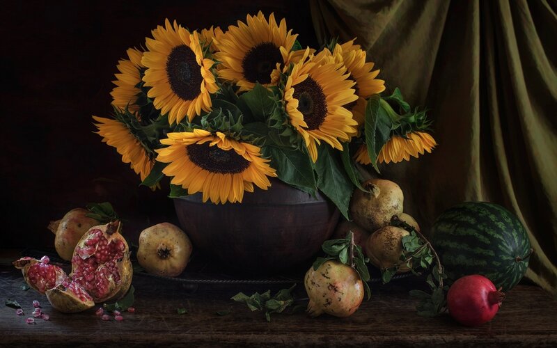 Sunflowers and Fruit — Yellow, Dramatic, Photograph