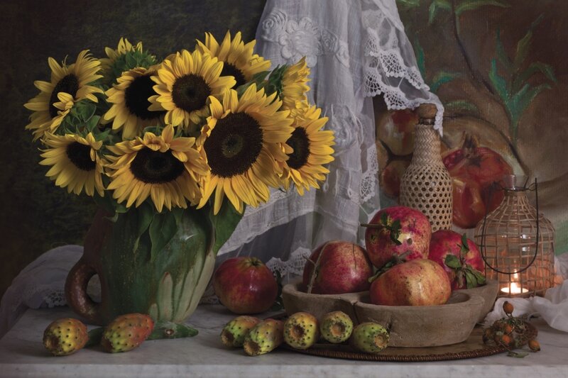 Sunflowers and Fruit — Yellow, Serene, Painting
