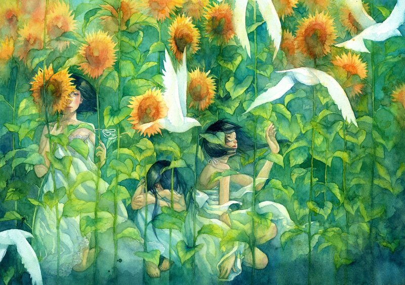 Sunflowers and girls in a field