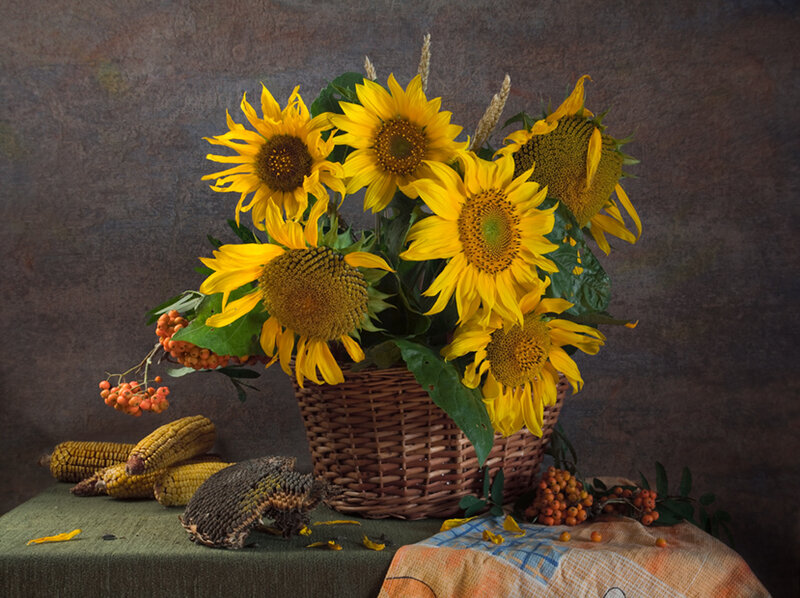 Sunflowers and harvest still life