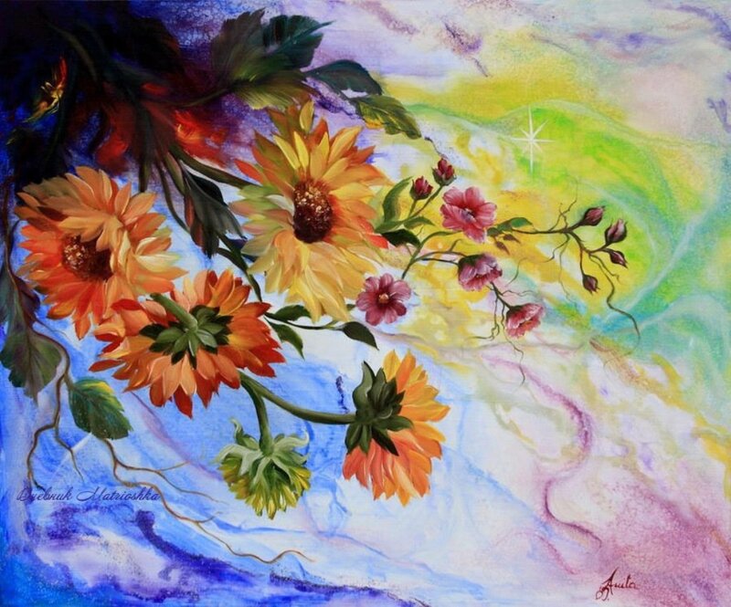 Sunflowers and Pink Flowers — Yellow, Dreamy