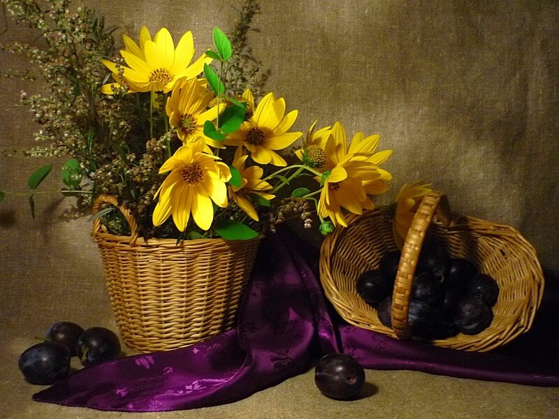Sunflowers and plums in baskets