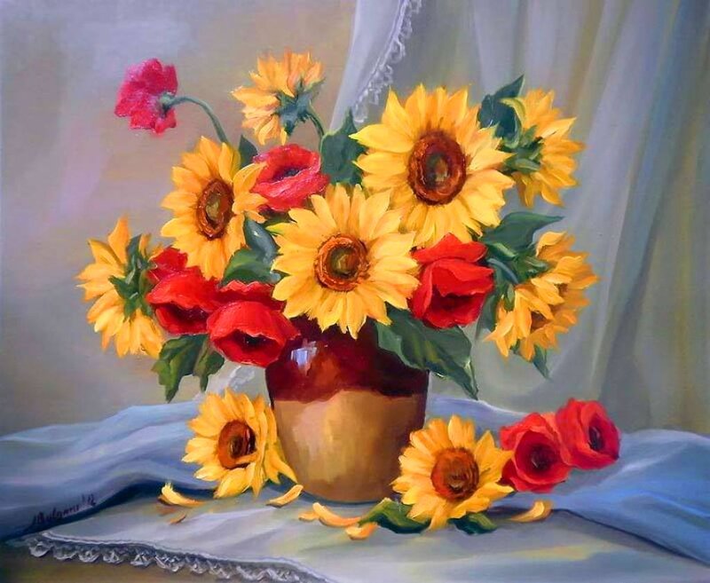Sunflowers and Poppies in Vase