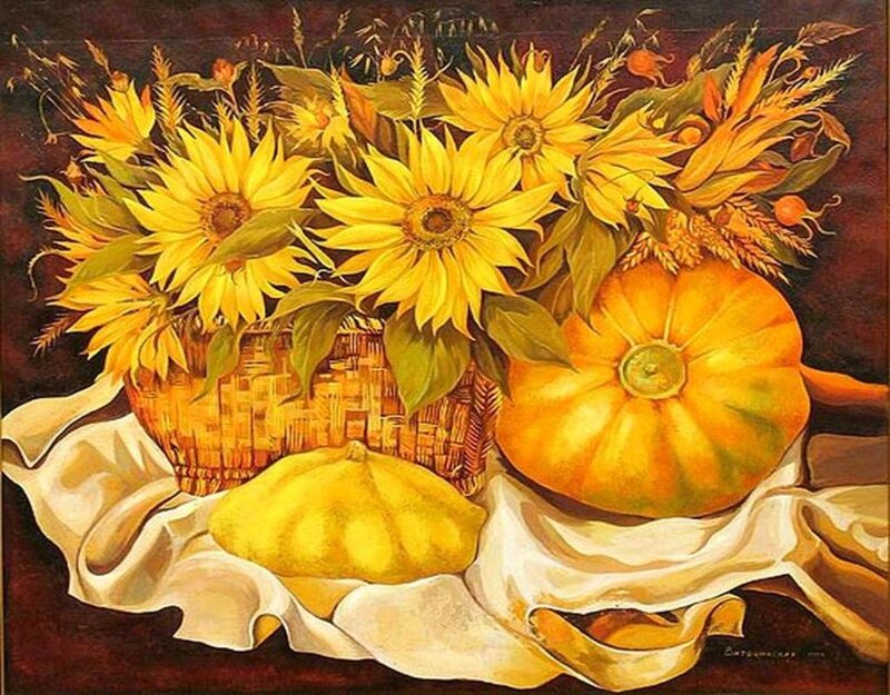 Sunflowers and Pumpkins — Yellow, Harvest, Autumn, Painting