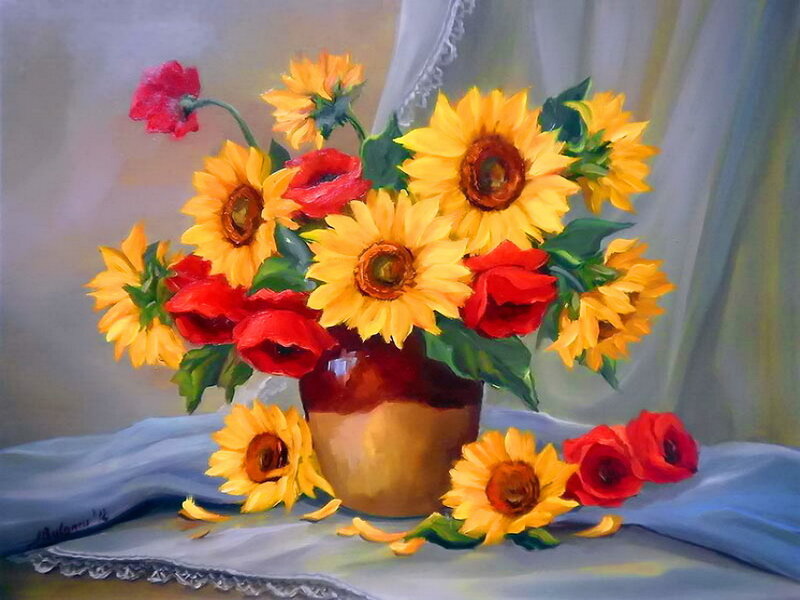 Sunflowers and Roses in Vase — Yellow