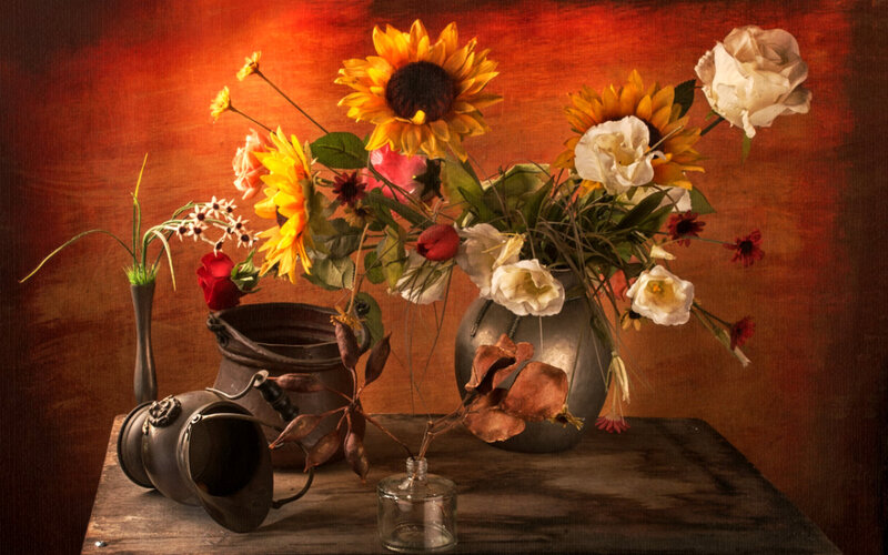 Sunflowers and Roses in Vases