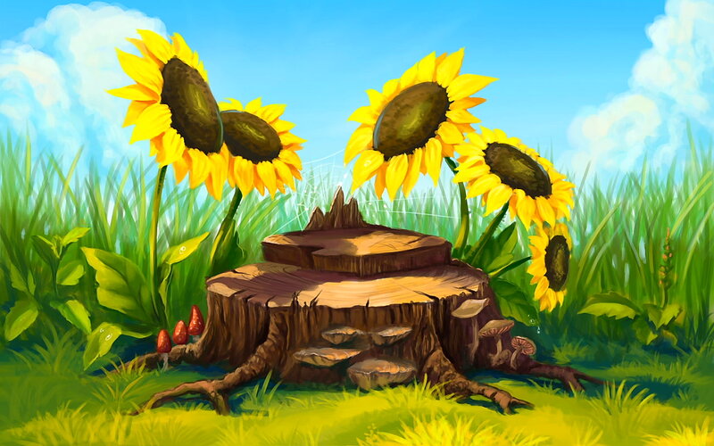 Sunflowers and Tree Stump