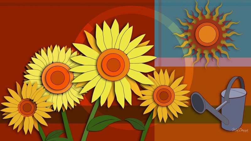 Sunflowers and watering can