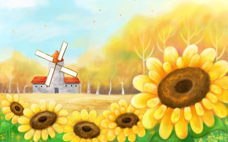 Sunflowers and windmill