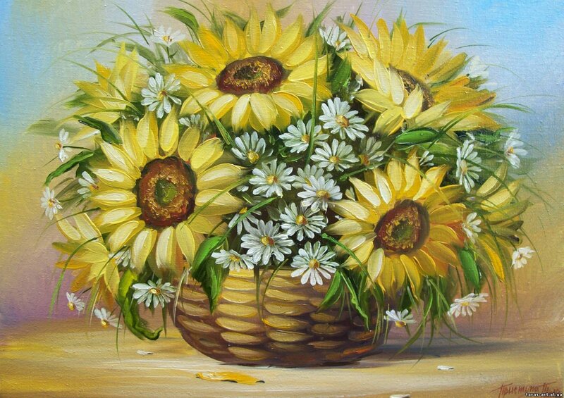 Sunflowers in a Basket — Yellow, Bright, Afternoon, Painting