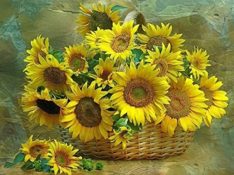 Sunflowers in a Basket — Yellow, Calm, Painting