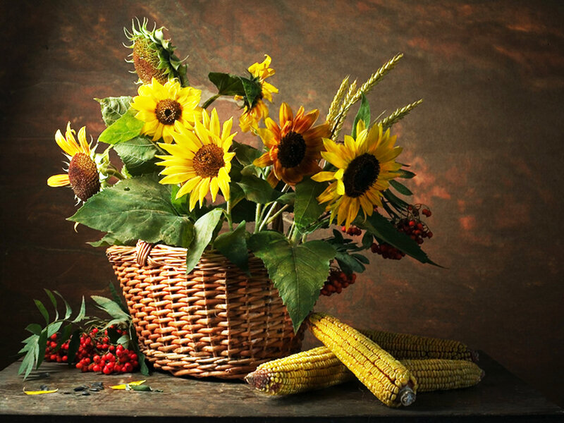 Sunflowers in a Basket — Yellow, Dramatic