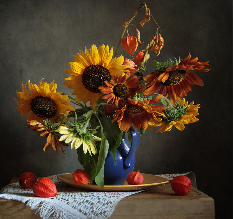 Sunflowers in a Blue Vase — Yellow, Dramatic