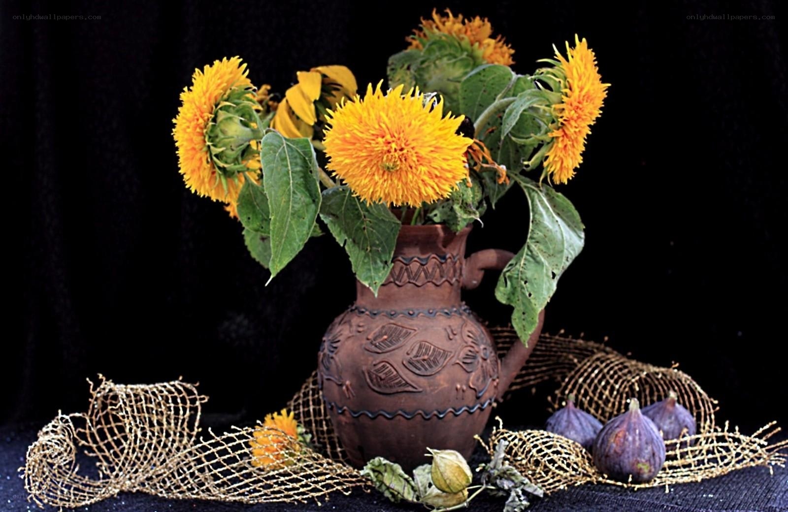Sunflowers in a clay pitcher
