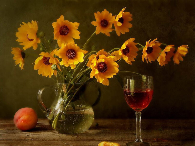 Sunflowers in a Pitcher — Yellow, Calm, Photograph, Peach