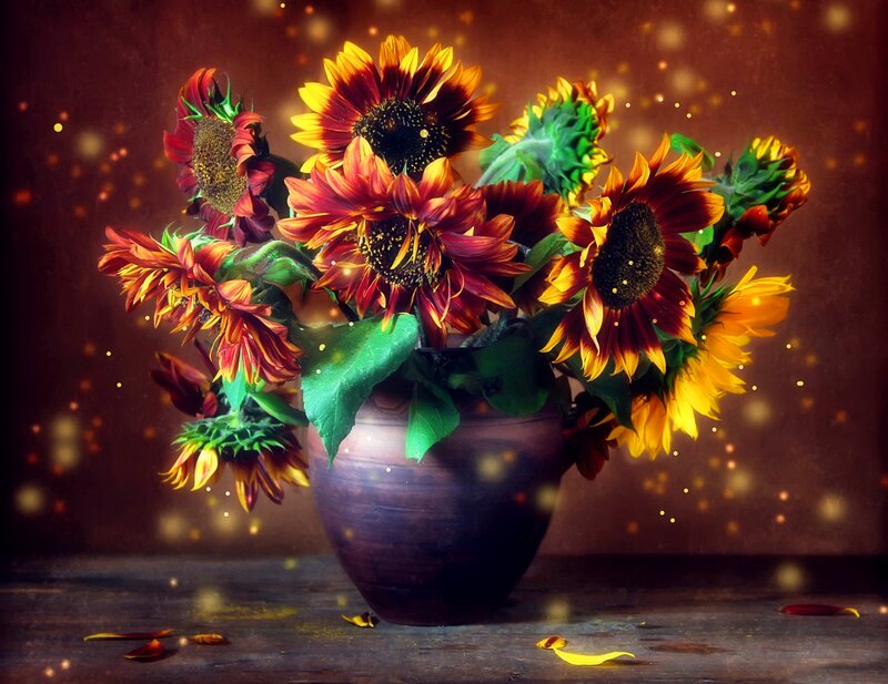 Sunflowers in a Vase — Brown, Dramatic