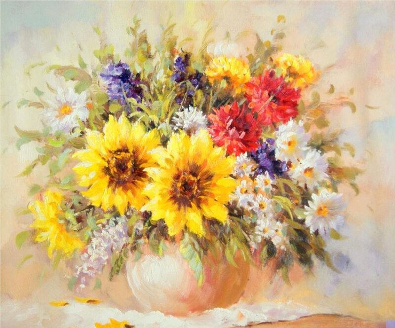 Sunflowers in a Vase — Yellow, Bright, Painting