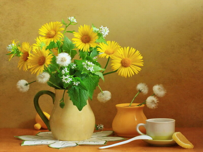 Sunflowers in a Vase — Yellow, Calm, Afternoon, Photograph, Dandelions