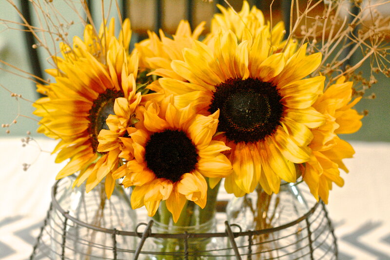 Sunflowers in a Vase — Yellow, Calm, Afternoon, Photograph, Wire Basket
