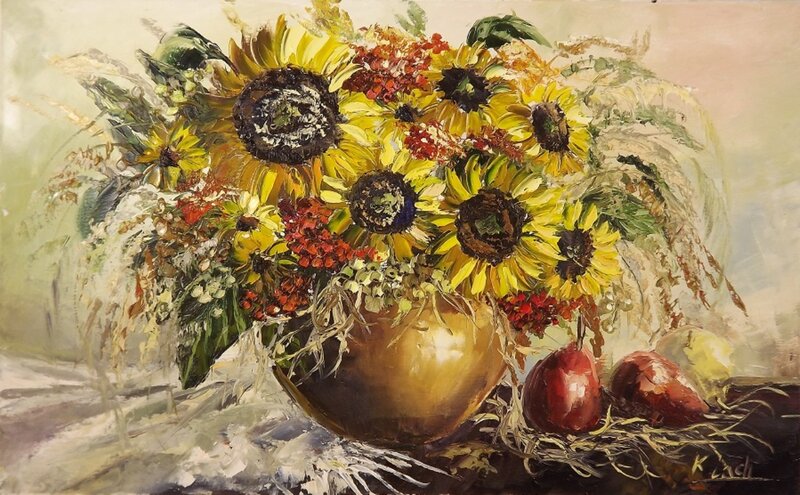 Sunflowers in a Vase — Yellow, Calm, Autumn, Painting, Fruit