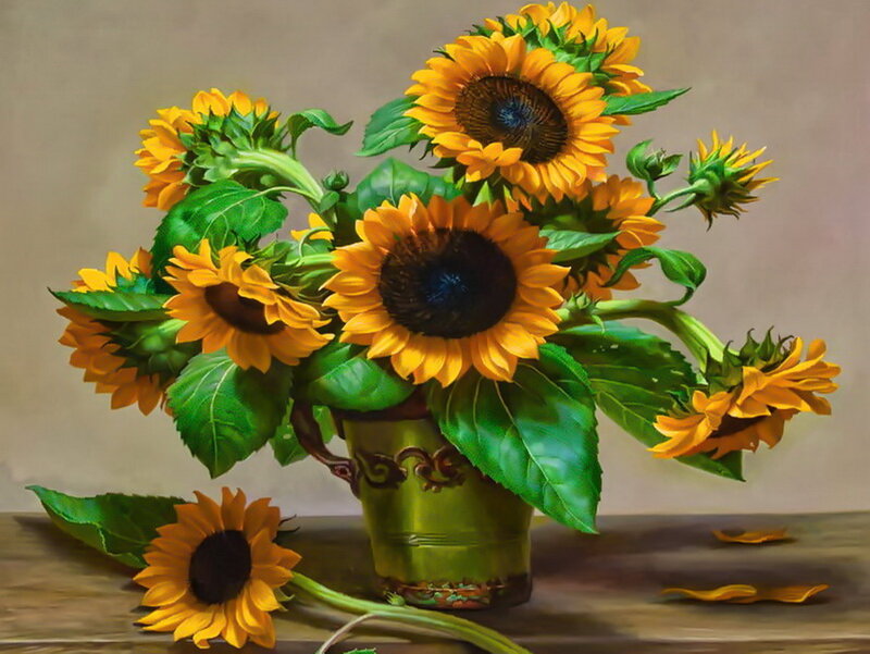 Sunflowers in a Vase — Yellow, Calm, Painting, Table