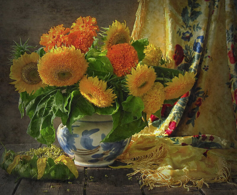 Sunflowers in a Vase — Yellow, Calm, Photograph, Curtain