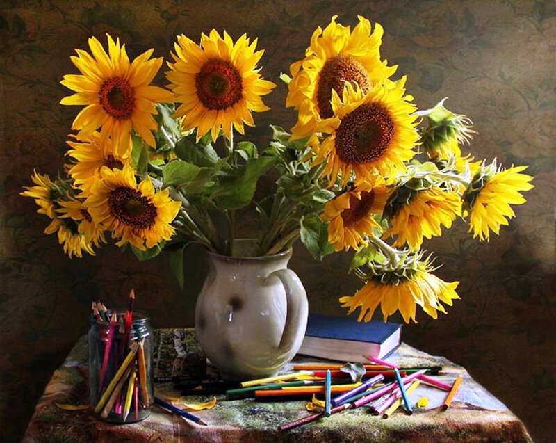 Sunflowers in a Vase — Yellow, Calm, Photograph, Pencils