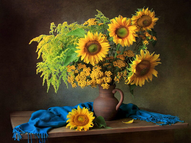 Sunflowers in a Vase — Yellow, Calm, Photograph, Scarf