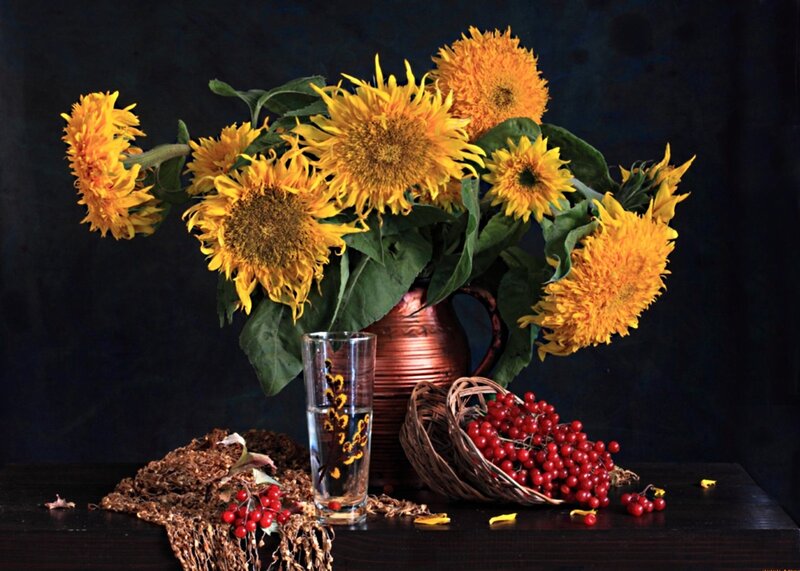 Sunflowers in a Vase — Yellow, Dramatic, Autumn, Photograph