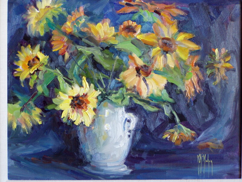Sunflowers in a Vase — Yellow, Dramatic, Painting