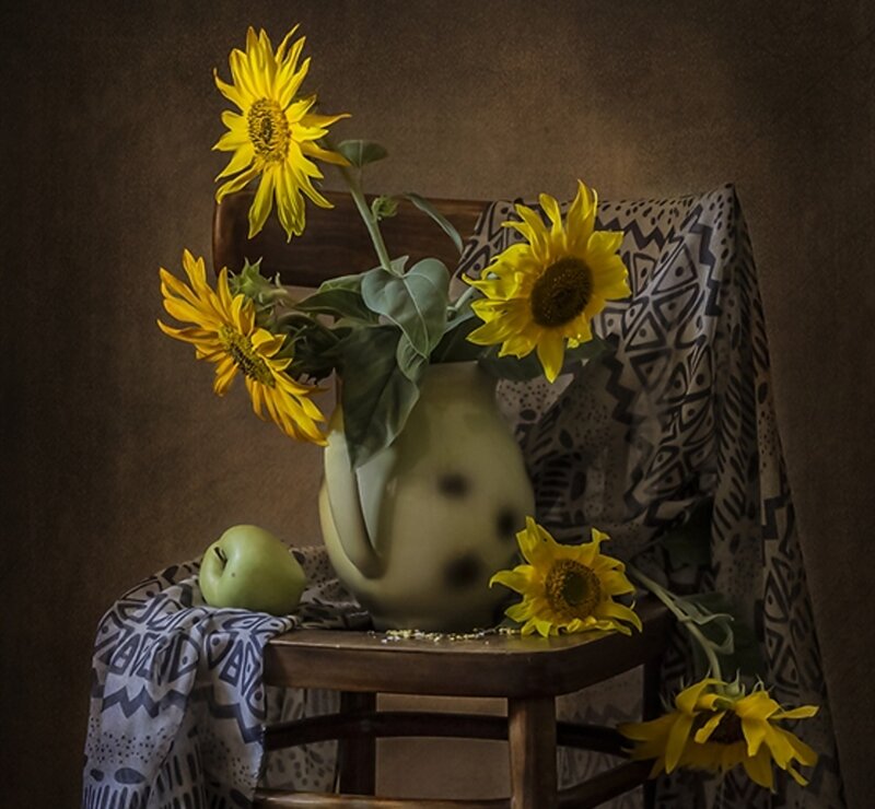 Sunflowers in a Vase — Yellow, Dramatic, Photograph, Apple