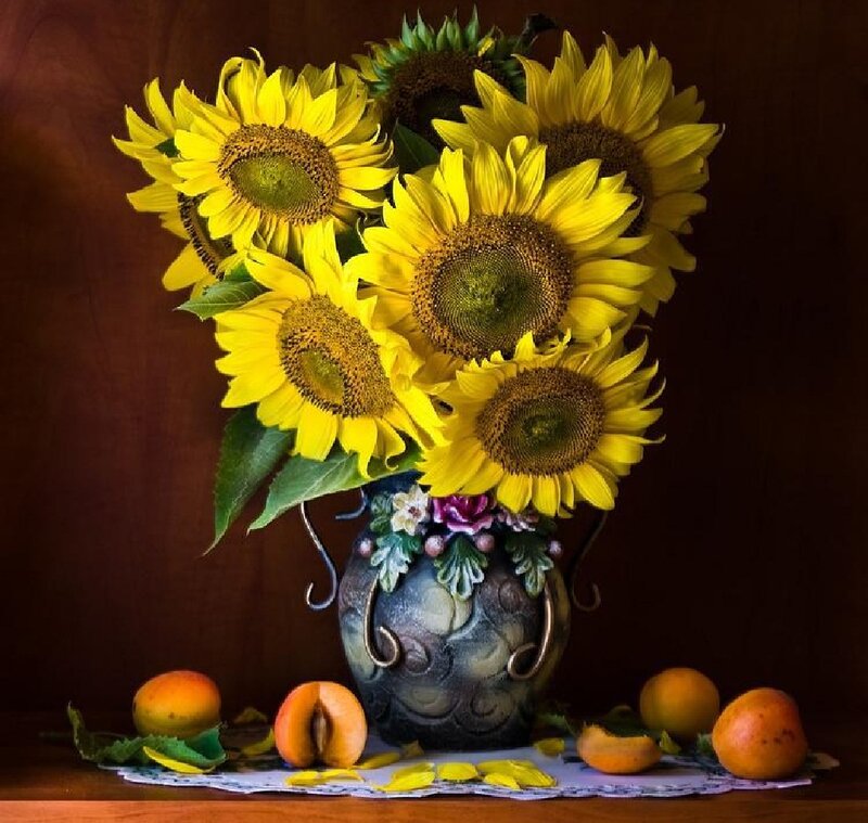 Sunflowers in a Vase — Yellow, Dramatic, Photograph, Apricots