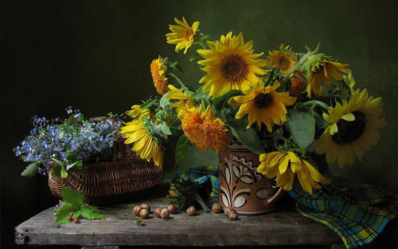 Sunflowers in a Vase — Yellow, Dramatic, Photograph, Basket