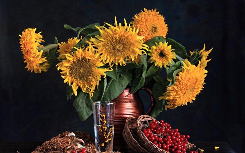Sunflowers in a Vase — Yellow, Dramatic, Photograph, Berries