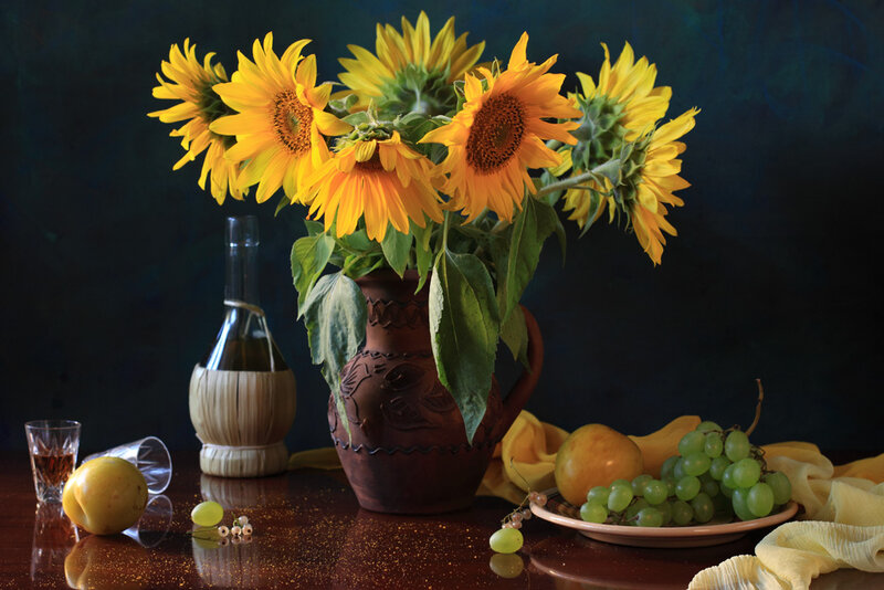 Sunflowers in a Vase — Yellow, Dramatic, Photograph, Grapes