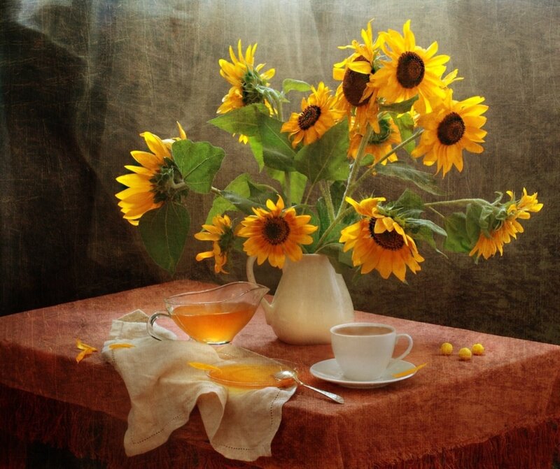 Sunflowers in a Vase — Yellow, Serene, Afternoon, Painting