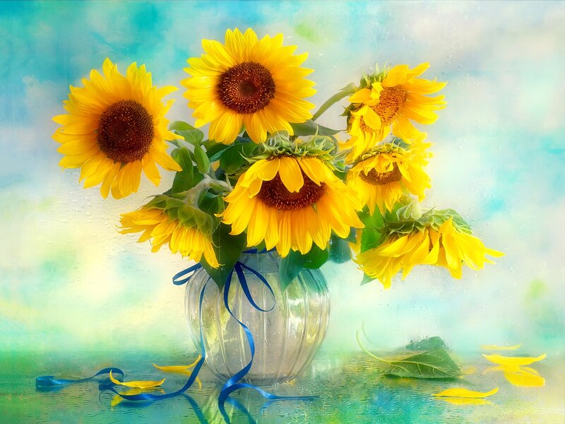 Sunflowers in a Vase — Yellow, Serene, Digital Art