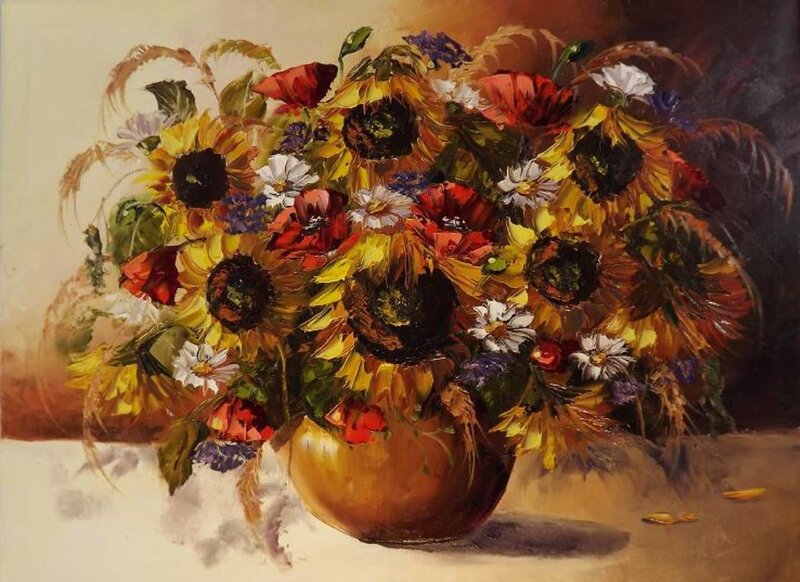 Sunflowers in a Vase — Yellow, Warm, Autumn, Painting