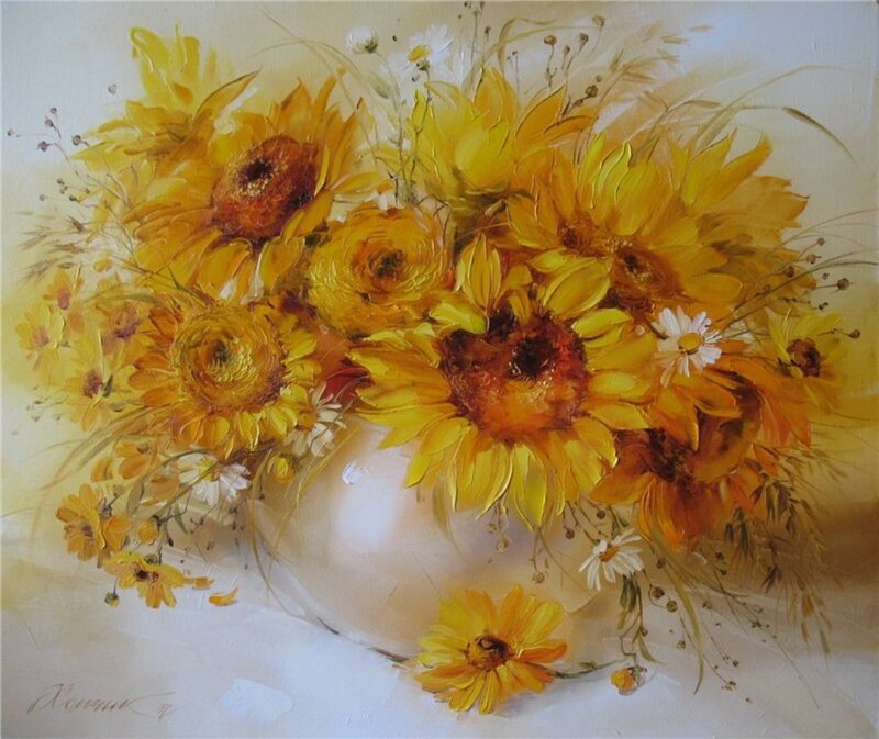 Sunflowers in a Vase — Yellow, Warm, Painting