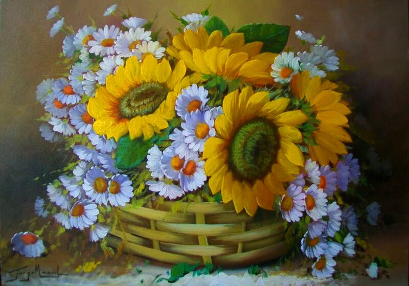 Sunflowers in Basket — Yellow, Calm, Painting