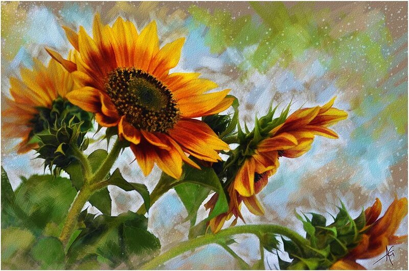 Sunflowers in Bloom — Yellow, Serene, Afternoon, Painting, Green Leaves