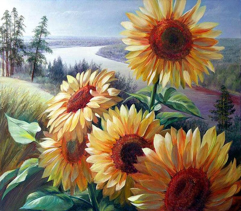 Sunflowers in Field — Yellow, Serene, Afternoon, Painting