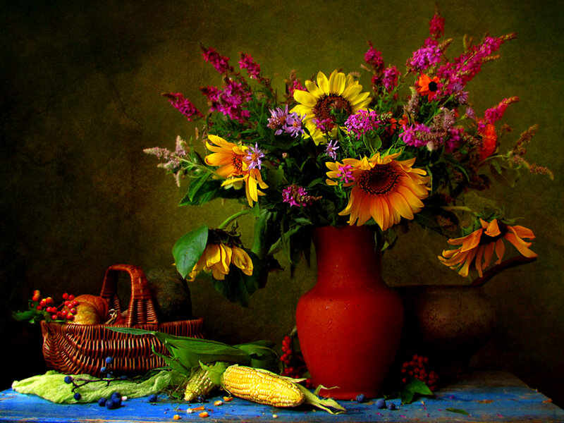 Sunflowers in Red Vase
