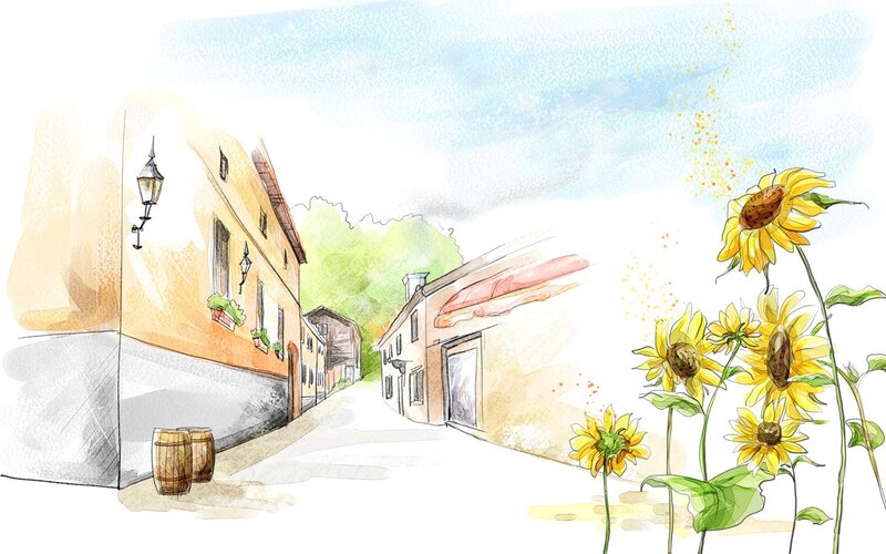 Sunflowers on a village street